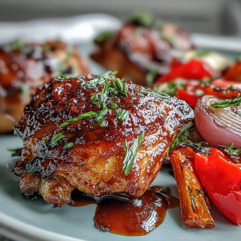 Brightly lit close-up of Sheet Pan Honey Garlic Chicken and naan, showing sticky glazed chicken and vibrant bell peppers on a sheet pan.