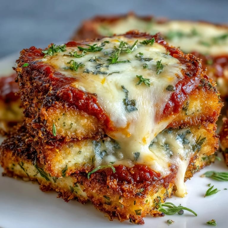 Plate of Crispy Tofu Chicken Parm Bakes served over spaghetti with a side of garlic bread.