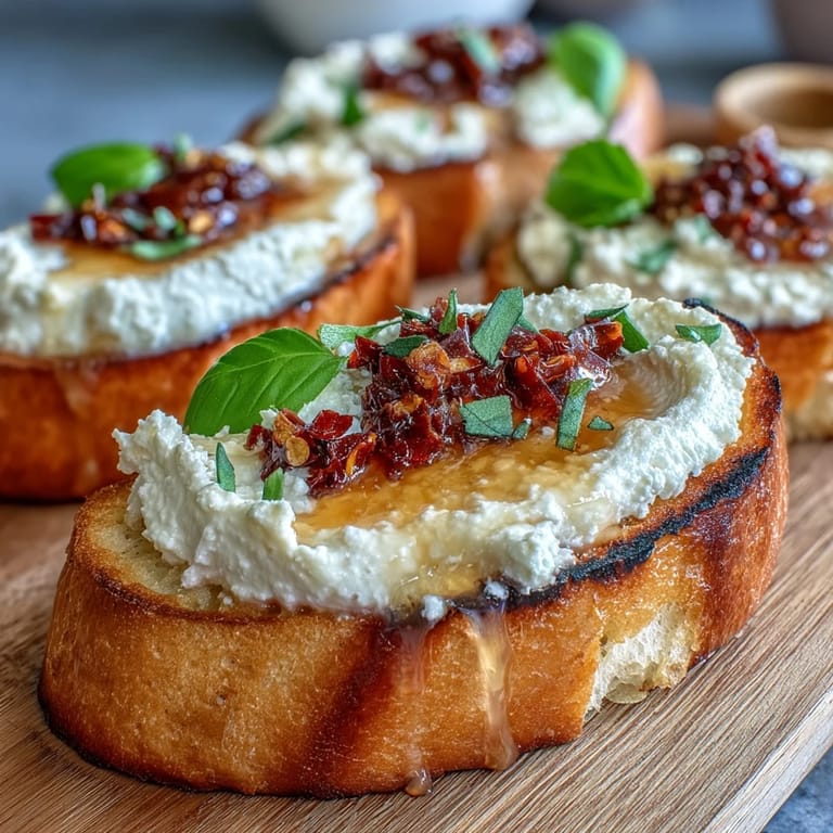 This Hot Honey Ricotta Bruschetta appetizer is served on a rustic wooden board with fresh basil leaves for garnish.