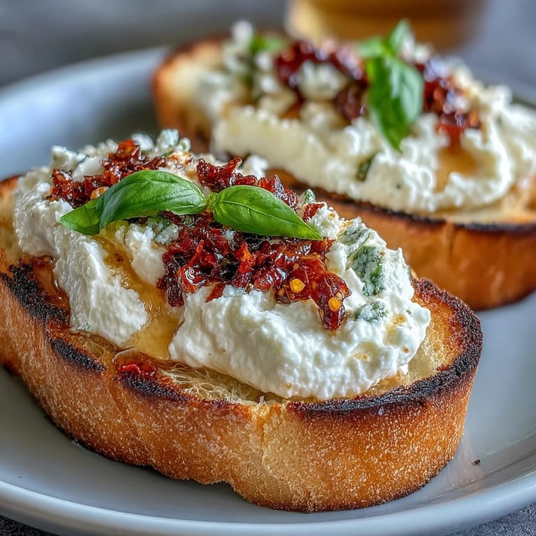 A close-up view of Hot Honey Ricotta Bruschetta featuring crispy toast, a rich ricotta spread, and vibrant chili crunch garnish.