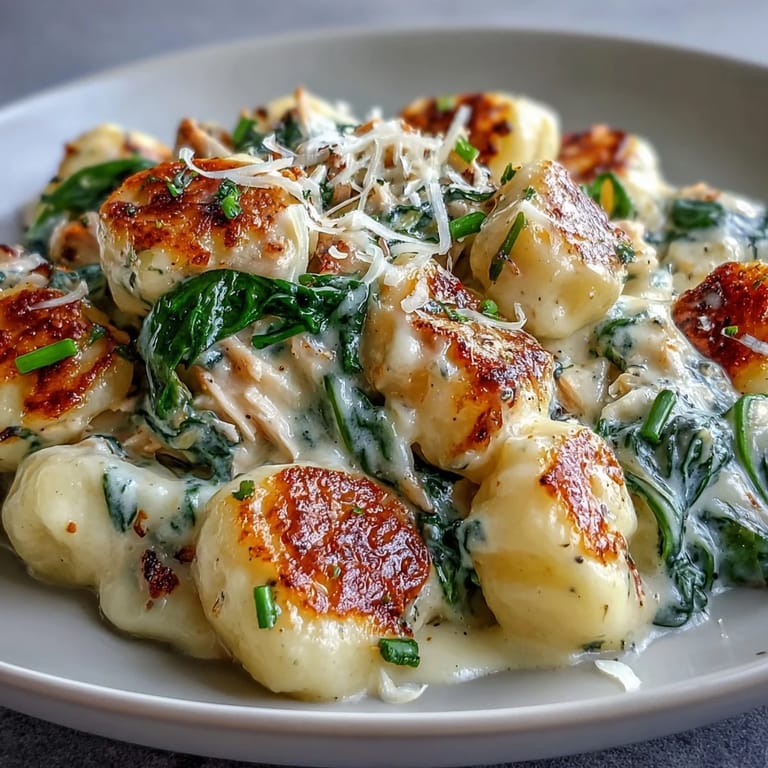 One-pan Creamy Spinach & Parmesan Gnocchi with Chicken, plated beside a crisp salad and a glass of white wine.