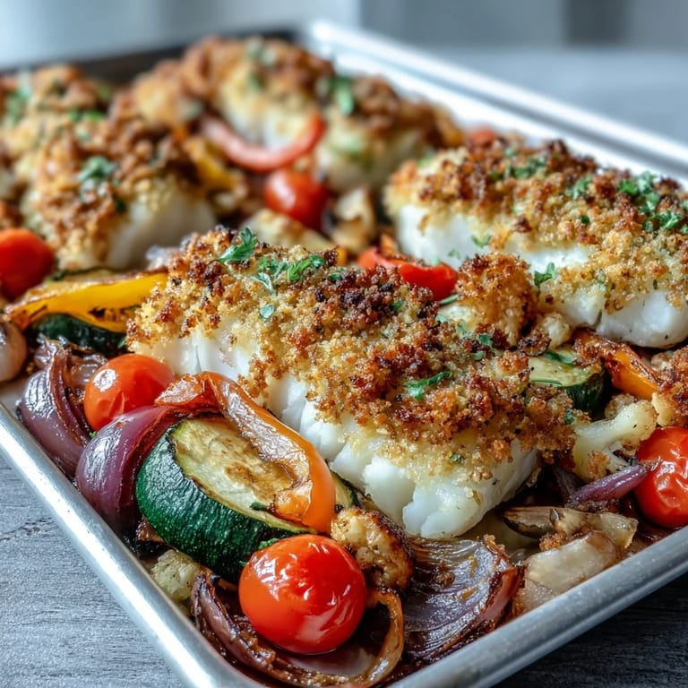 A one-pan meal of flaky Parmesan Crusted Sheet Pan Fish & Veg garnished with fresh parsley and lemon wedges.
