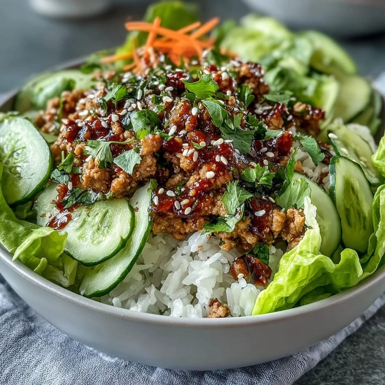 Crisp lettuce leaves cradling savory sesame turkey, carrots, and cucumber ribbons next to a steaming bowl of fluffy rice.