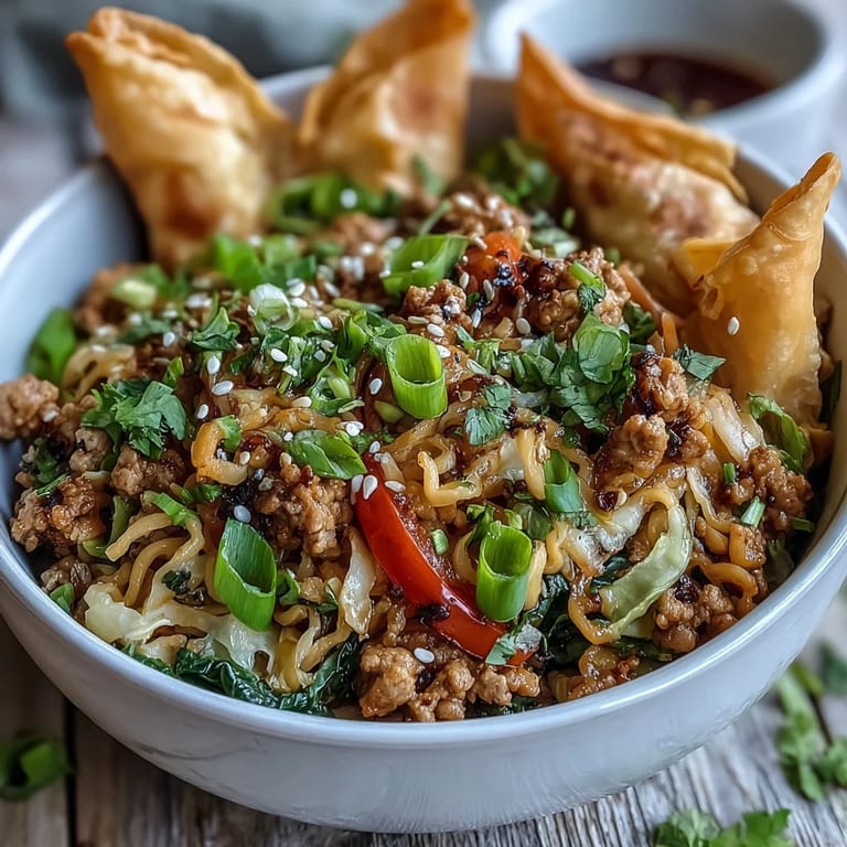 Colorful Ranch Turkey & Veggie Egg Roll Bowls served with a fork, ready to enjoy on a weeknight.