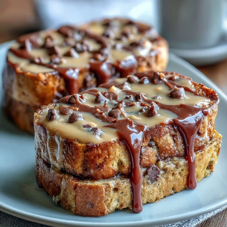 In a baking dish, High-Protein Peanut Butter & Chocolate Baked French Toast is baked to perfection, topped with a drizzle of warm peanut butter and fresh raspberries.