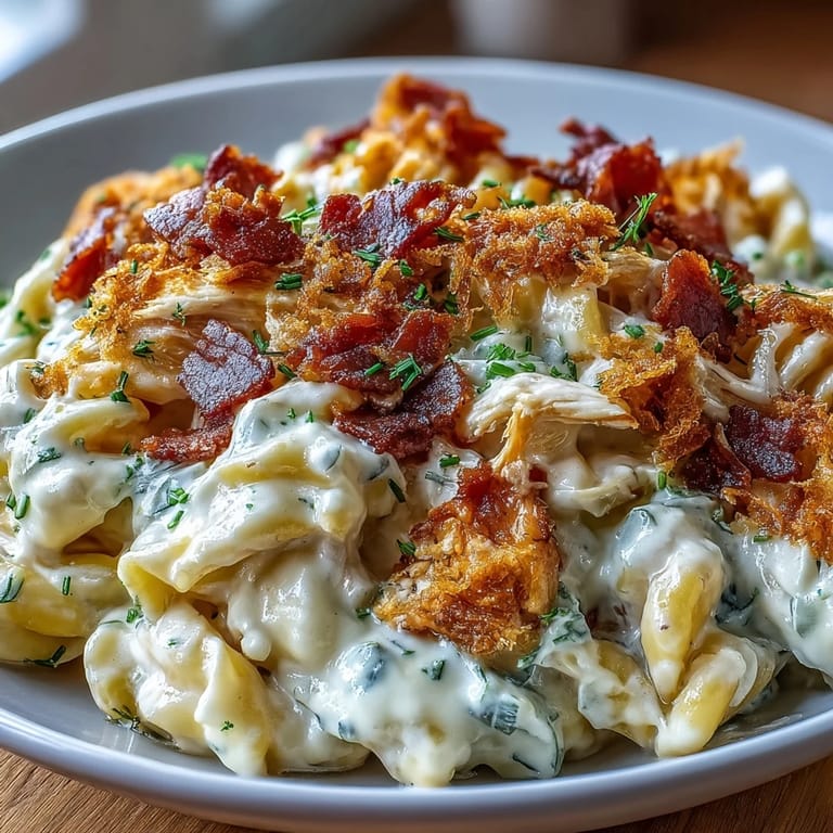 A generous serving of Creamy Jalapeño Popper Chicken Pasta, featuring melted cheddar and mozzarella on penne noodles.