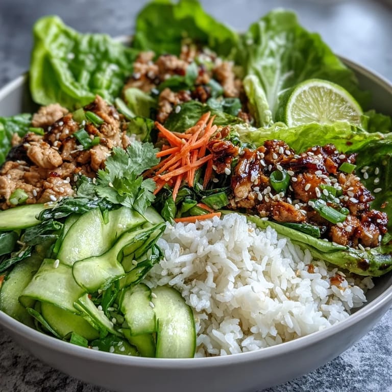 Freshly cooked Korean-inspired Sesame Turkey Lettuce Wrap Bowls garnished with lime wedges and pickled radishes on a white plate.