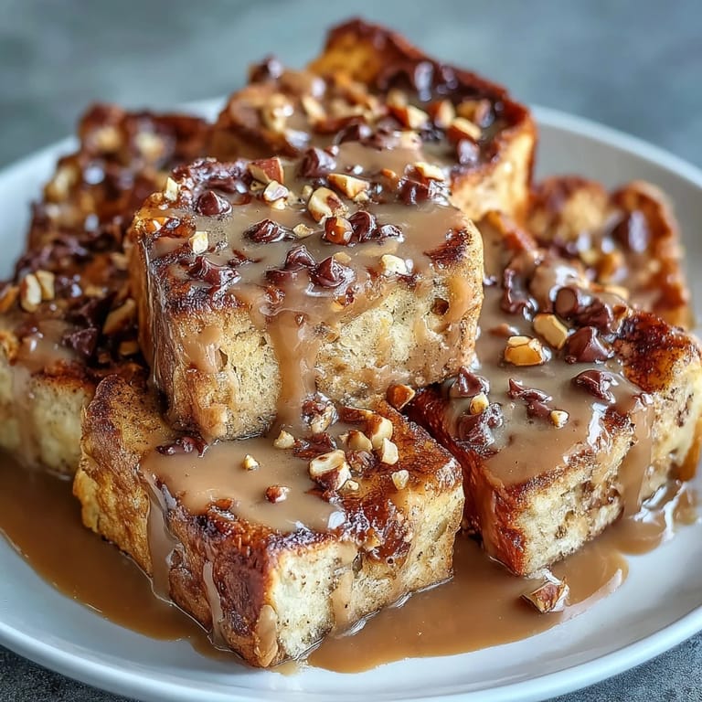 Served warm, this High-Protein Peanut Butter & Chocolate Baked French Toast is drizzled with maple syrup alongside fresh berries on a rustic plate.