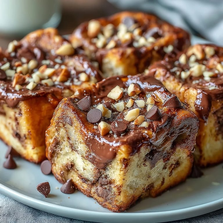 Golden, puffed squares of High-Protein Peanut Butter & Chocolate Baked French Toast are arranged in a white baking dish, ready to serve for brunch.