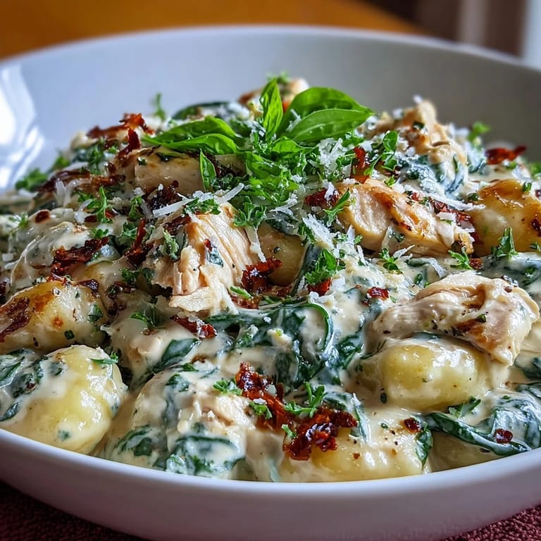 Savory Creamy Spinach & Parmesan Gnocchi with Chicken coated in rich sauce next to a glass of wine.