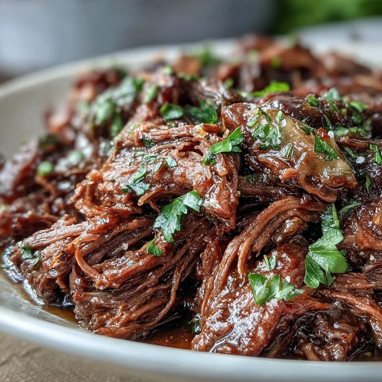 Hearty Slow Cooker Mississippi-Style Ranch Beef piled high on mashed potatoes, garnished with a spoon of gravy.