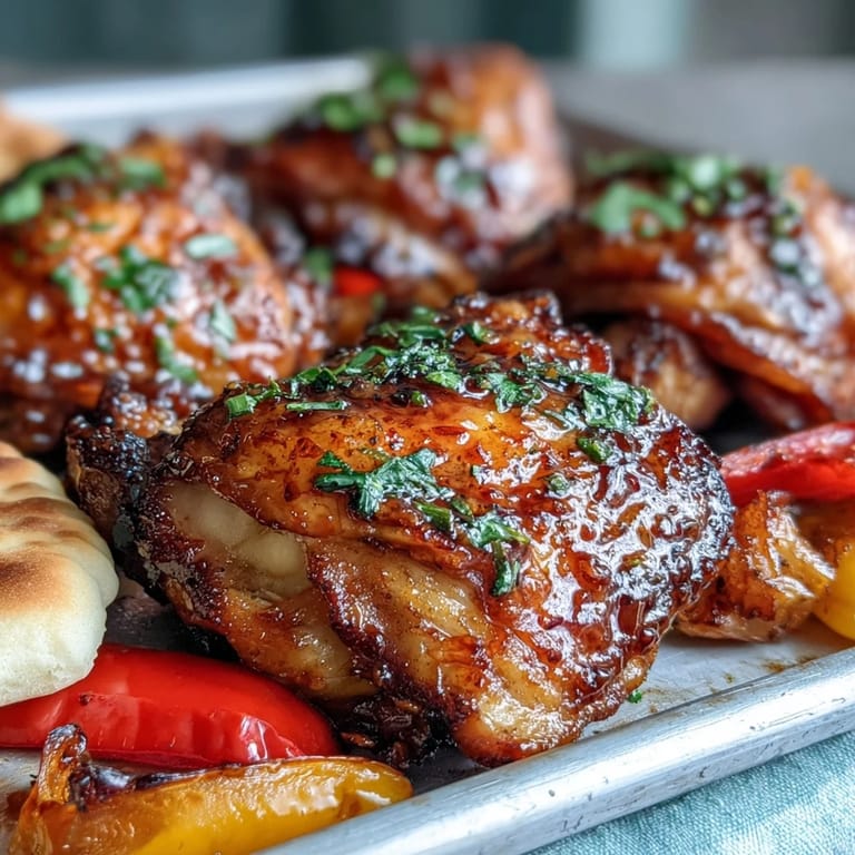 Sheet Pan Honey Garlic Chicken & Naan with tender meat and caramelized onions, brushed with sweet and savory honey garlic glaze.