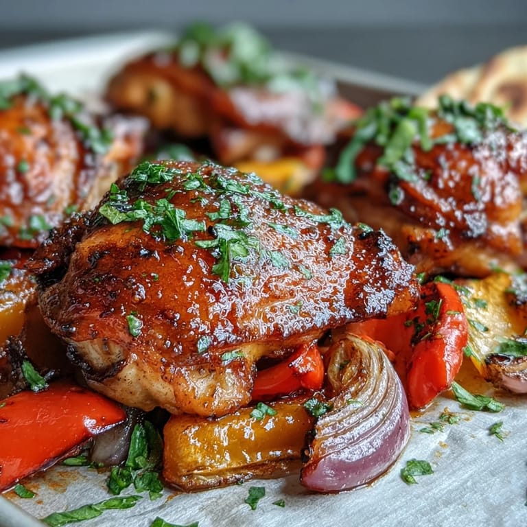 Golden roasted Sheet Pan Honey Garlic Chicken & Naan plated family-style, perfect for an easy weeknight dinner with colorful vegetables.