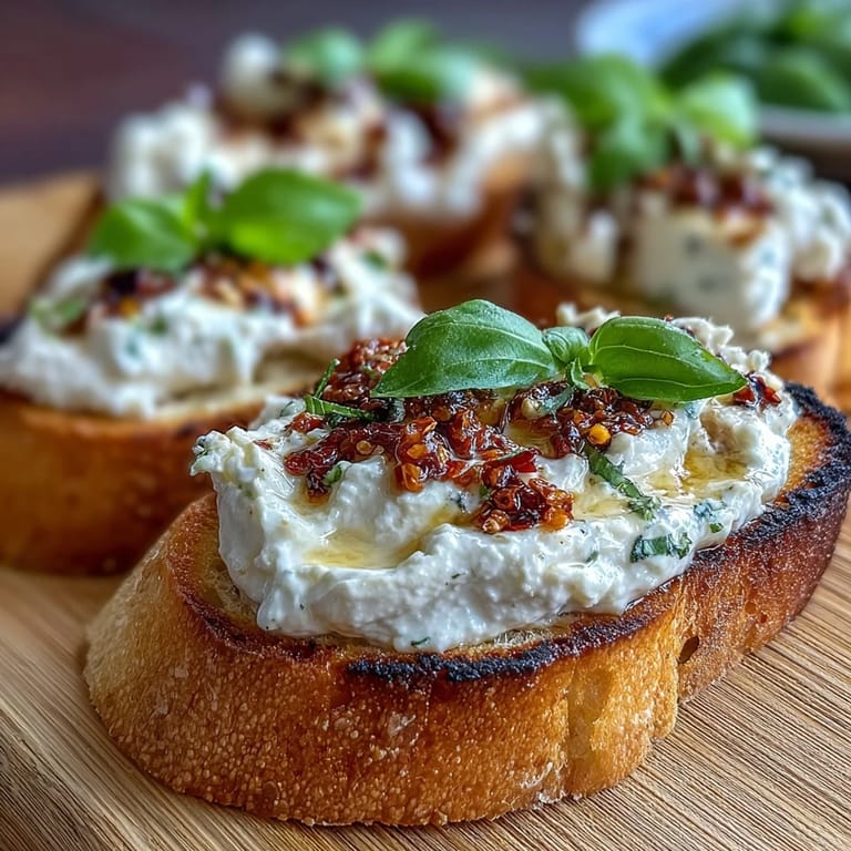 Overhead view of Hot Honey Ricotta Bruschetta, highlighting the drizzle of honey and the texture of the crunchy topping.