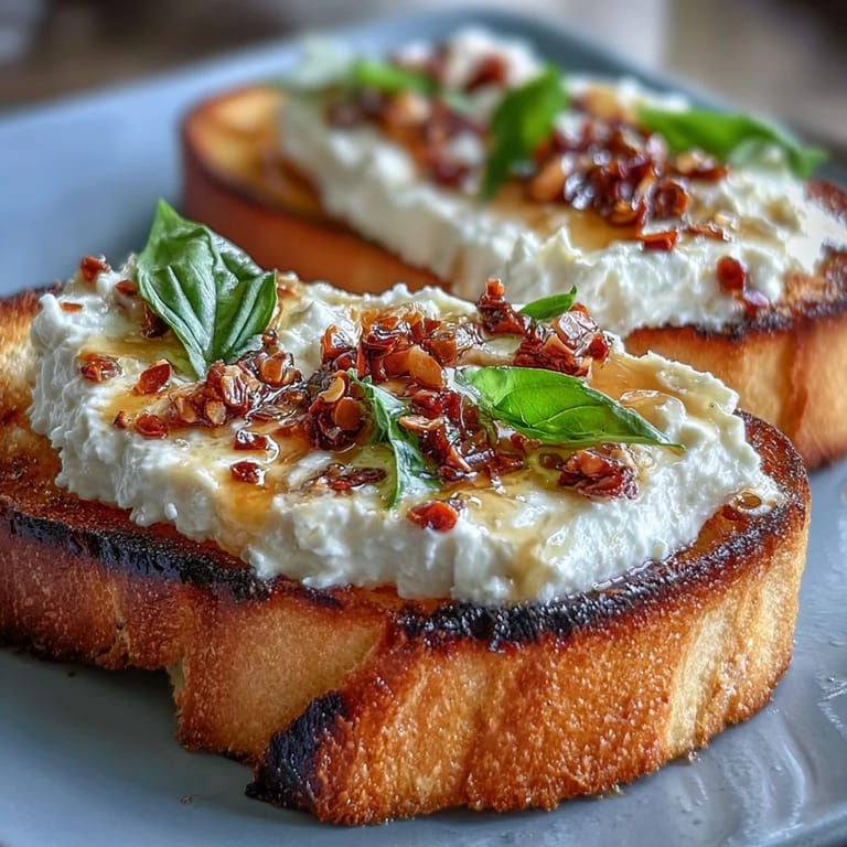 Hot Honey Ricotta Bruschetta served warm, featuring crispy bread, smooth ricotta, and a vibrant chili crunch garnish.