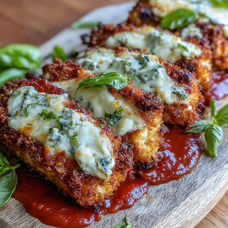A close-up of Crispy Tofu Chicken Parm Bakes with bubbly cheese, rich marinara, and basil garnish, arranged on a rustic baking sheet.