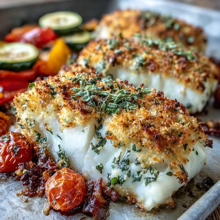 A close-up of crispy cod filets topped with Asiago breadcrumbs and fresh parsley garnish.