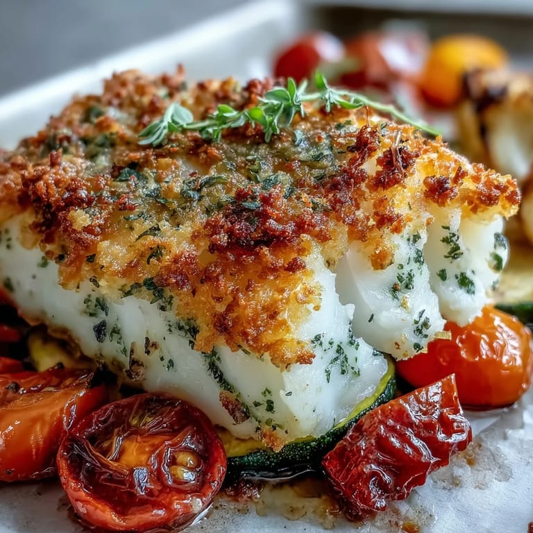A close-up of crispy cod filets topped with Asiago breadcrumbs and fresh parsley garnish.