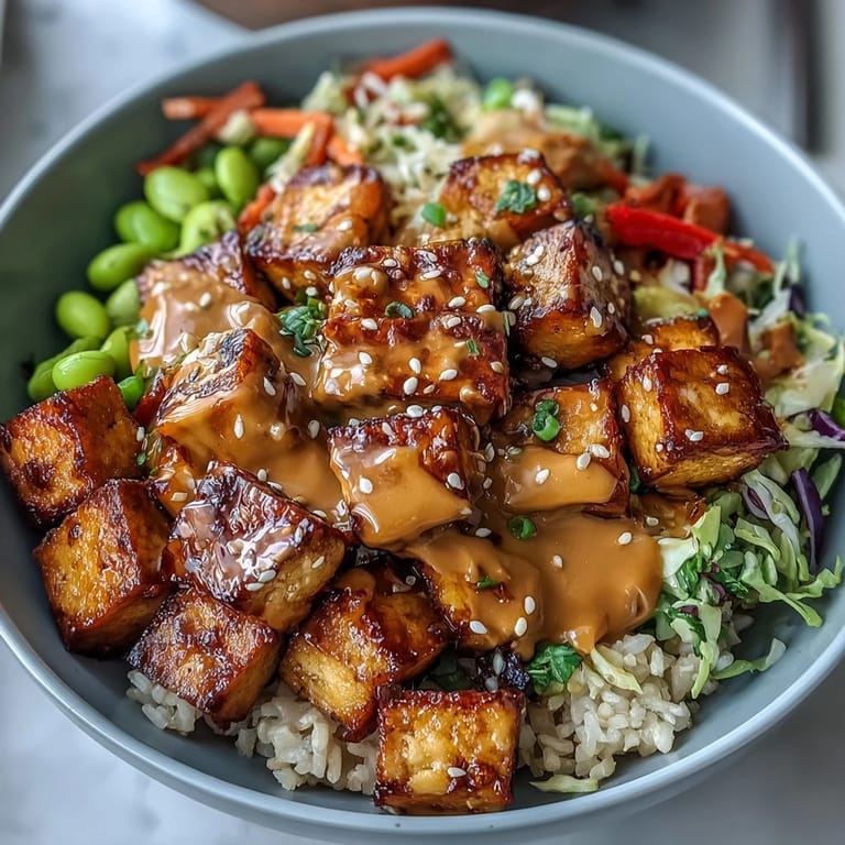 Plant-based Peanut Tofu Power Bowl packed with crunchy veggies, protein-rich tofu, and a savory peanut dressing for a nourishing meal.