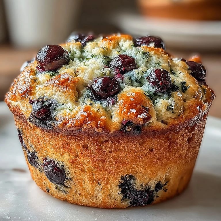 Fluffy plant-based muffins bursting with fresh blueberries and zesty lemon, each bite offering a moist, protein-rich snack perfect for on-the-go mornings.