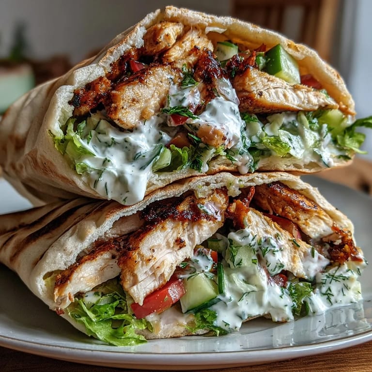 Tender marinated chicken slices stuffed into pita pockets alongside fresh cucumber tomato salad and zesty yogurt dill sauce.  