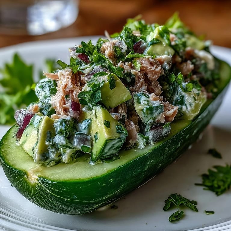 Crunchy cucumber halves stuffed with zesty tuna-avocado mixture, perfect for a light, gluten-free, low-carb meal prep.