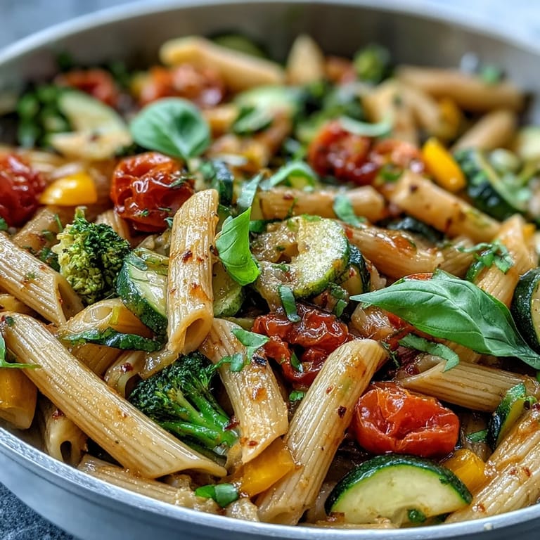 Vibrant vegan pasta primavera with fresh zucchini, bell peppers, and broccoli, finished with zesty lemon and fragrant basil.