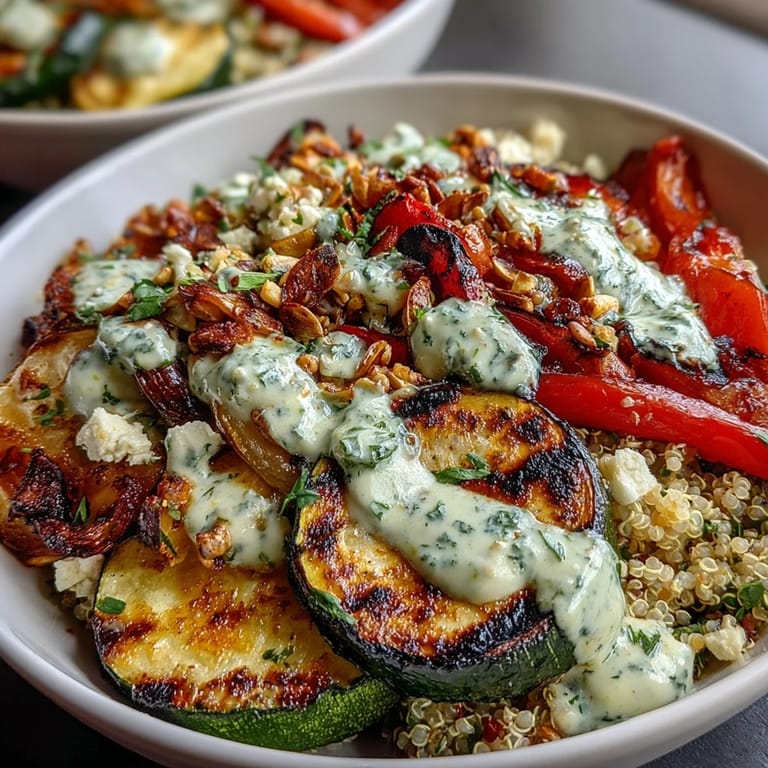 Grilled Veggie and Quinoa Power Bowls with Tahini Drizzle featuring colorful vegetables and fluffy quinoa, drizzled with creamy sesame sauce for a healthy vegetarian meal.