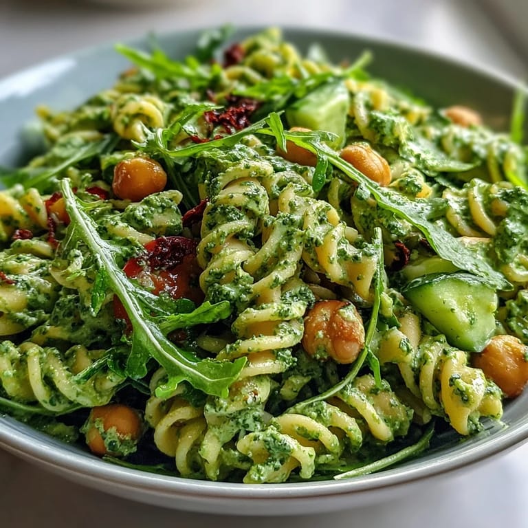 A vibrant, protein-rich pasta salad featuring fusilli tossed with basil cashew pesto, chickpeas, and peppery arugula, topped with sliced red onion and cherry tomatoes.  