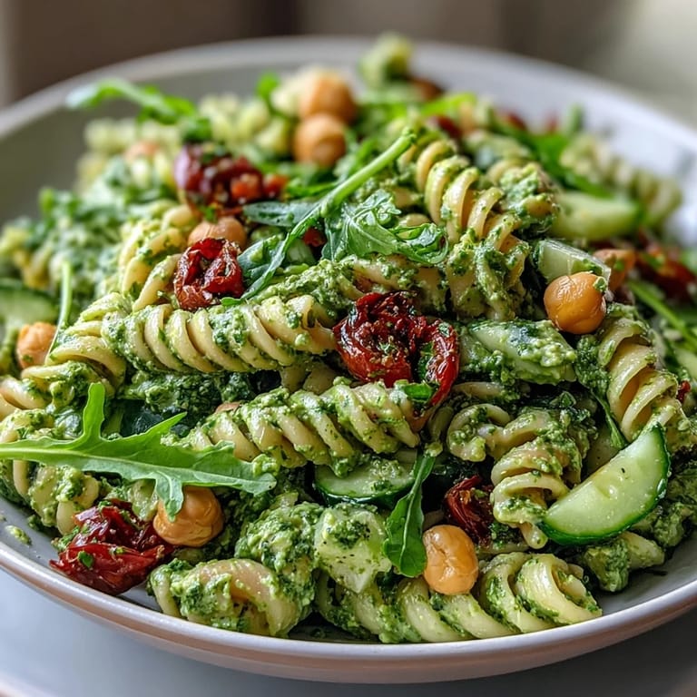 Hearty chickpea pasta salad with creamy dairy-free pesto, fresh arugula, cucumber, and tomatoes, perfect for a quick, satisfying vegan lunch or light dinner.