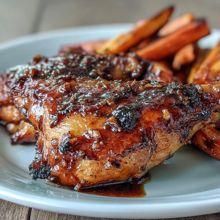 Tender chicken drumsticks coated in a sticky honey garlic glaze, served alongside caramelized carrots on a rustic sheet pan.