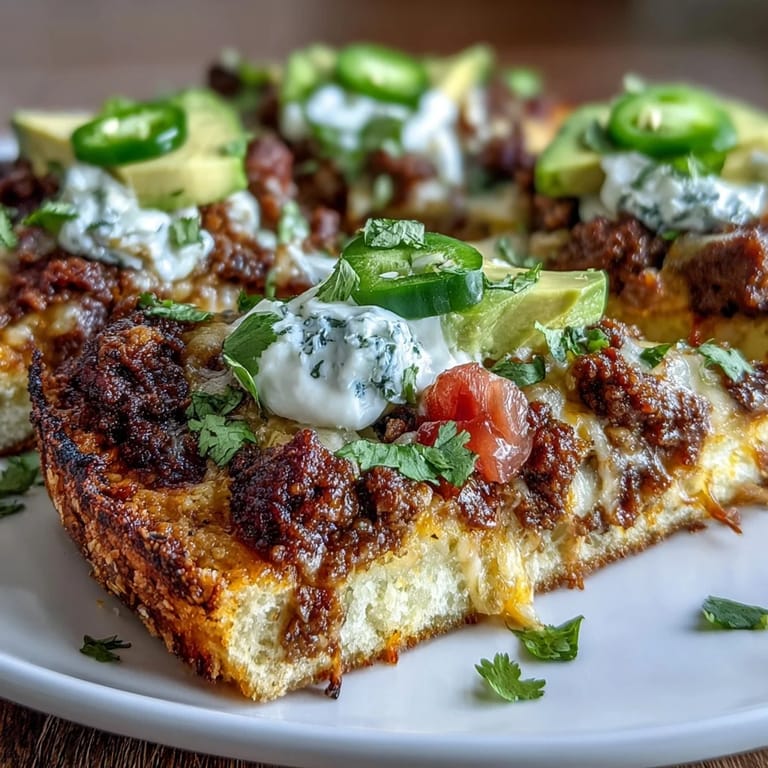 Golden skillet-baked cheese crust topped with zesty taco meat, tomatoes, lettuce, and a dollop of sour cream.