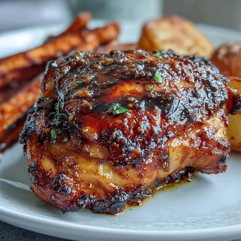 Juicy bone-in chicken glazed with honey mustard and garlic roasts with colorful carrots and red onion wedges for a vibrant, family-friendly meal.  