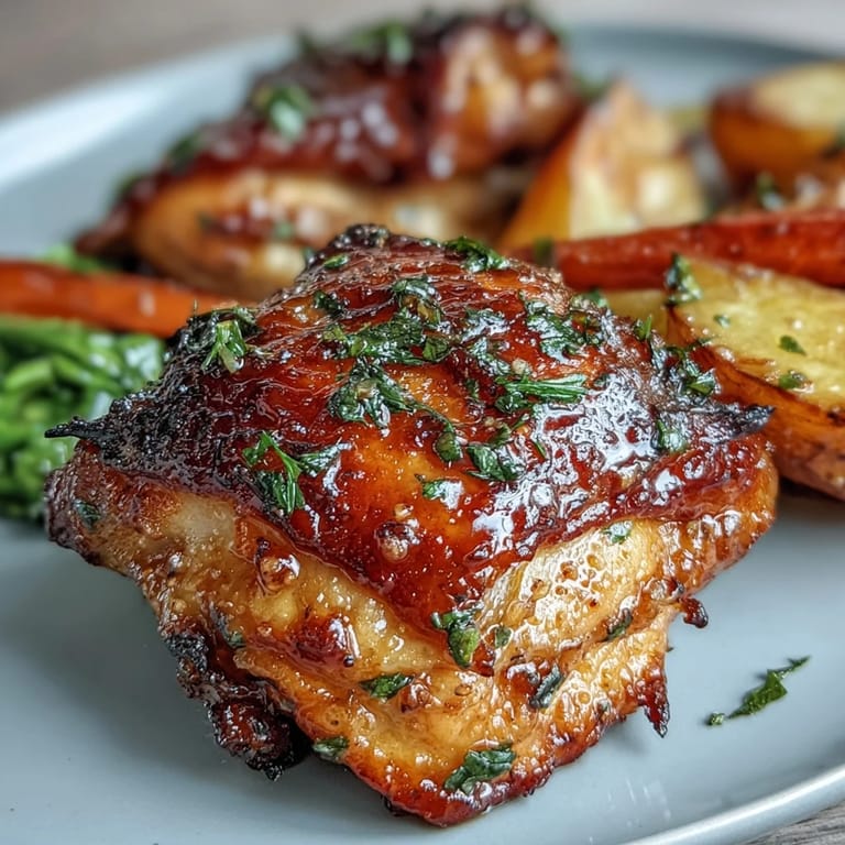 A one-pan honey mustard chicken dinner features crispy-skinned thighs and caramelized carrots, perfect for quick weeknight cooking with minimal cleanup.