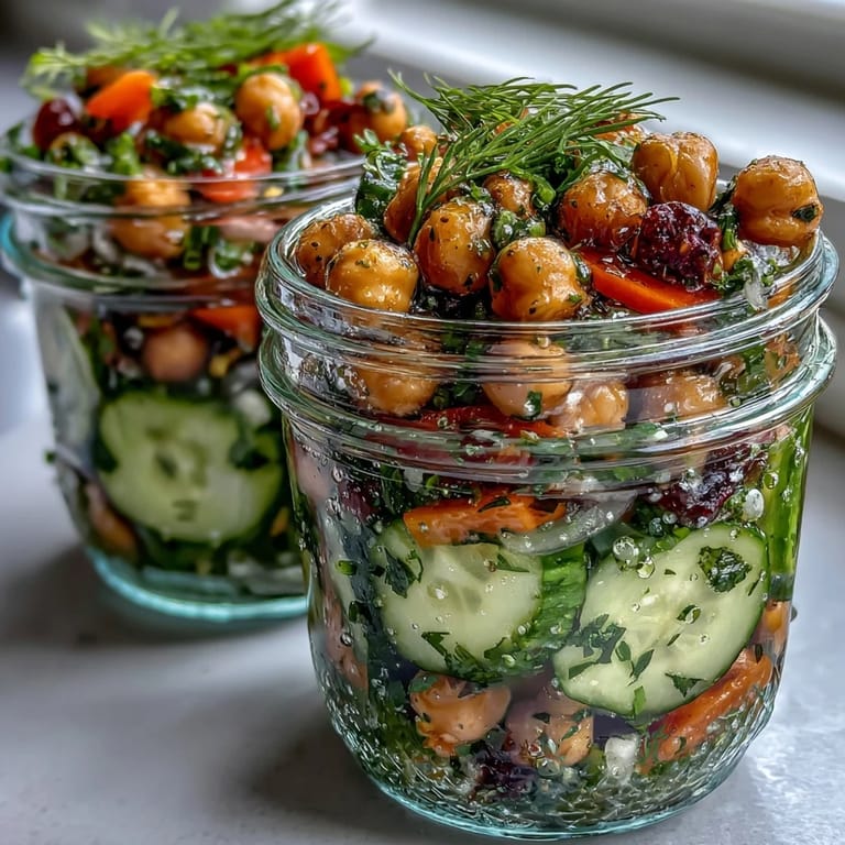 Bright, protein-rich chickpea cucumber salad jars layered with citrus herb dressing, crunchy veggies, and fragrant herbs, ideal for quick, nutritious meals.