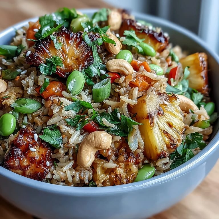 Quick vegan pineapple fried rice with cauliflower rice, colorful vegetables, and a hint of chili-garlic sauce, perfect for weeknight dinners.