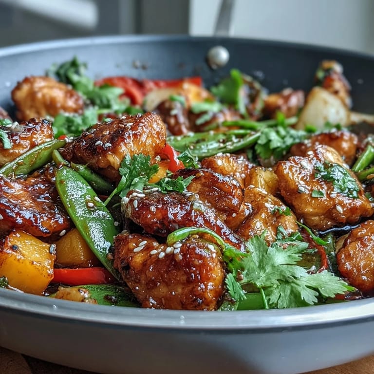 Golden turmeric-marinated chicken stir-fried with sweet mango, crisp snap peas, and bell peppers for a bright, aromatic dinner.