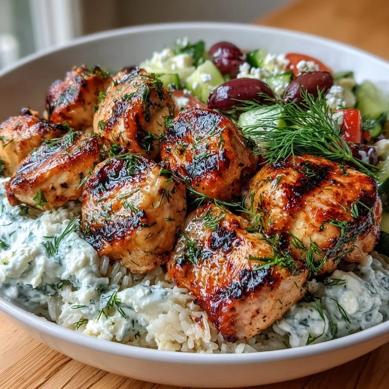 Healthy Greek chicken souvlaki bowls featuring juicy grilled chicken, vibrant vegetables, tangy feta, and smooth tzatziki for a Mediterranean-inspired meal.