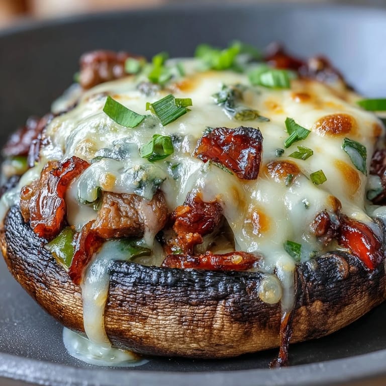 Low-carb Philly cheesesteak stuffed mushrooms filled with juicy ribeye, caramelized onions, and gooey melted cheese for a keto-friendly dinner.