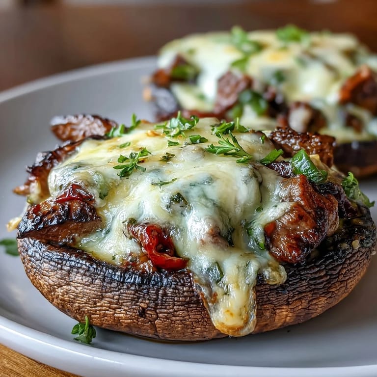 Savory portobello mushrooms loaded with steak, bell peppers, and provolone cheese—an easy, gluten-free twist on classic Philly cheesesteak flavors.