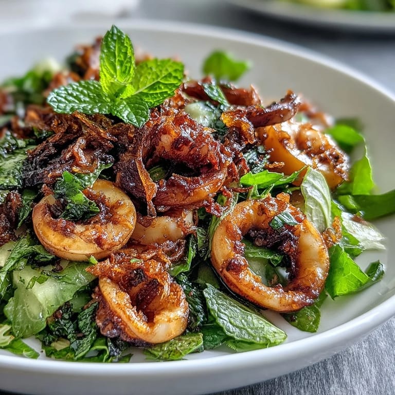Vibrant Asian-inspired squid salad tossed with crunchy cucumber, carrot, and aromatic herbs, finished with crispy shallots.