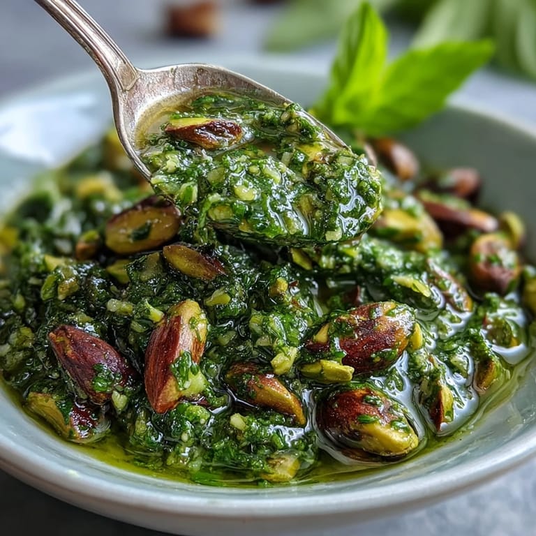 Vibrant green pistachio pesto made with ground nuts, olive oil, and herbs, served with grilled vegetables.  