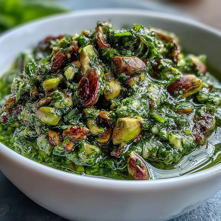 Nutty pistachio pesto blended with basil and Parmesan, ready to elevate your favorite Italian dishes.