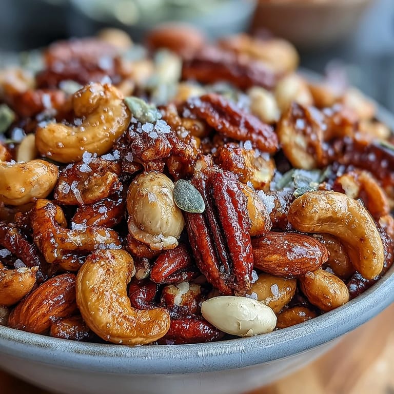 Roasted peanuts and mixed nuts tossed in salted honey and warm spices, perfect for party snacking.  