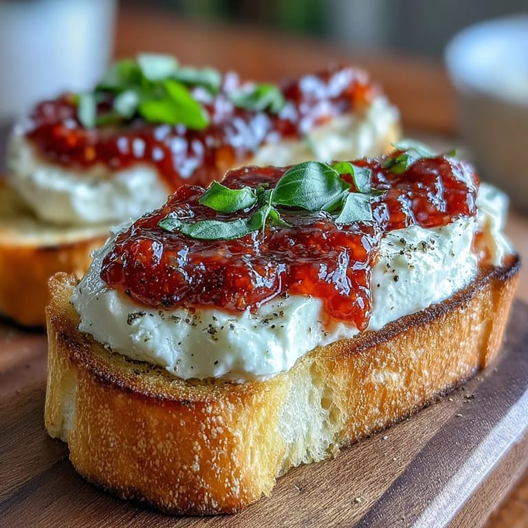 Golden-brown bruschetta slices spread with tangy goat cheese and drizzled with chili jam, served warm with a hint of black pepper.
