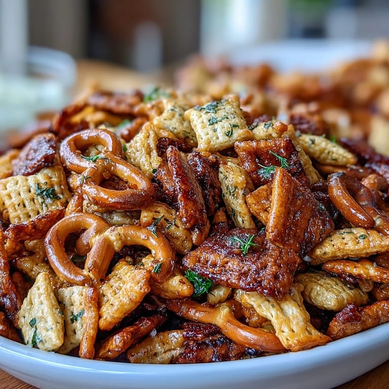 Golden-brown snack mix bursting with dill pickle flavor, featuring pretzels, bagel chips, and crunchy Chex cereals.  