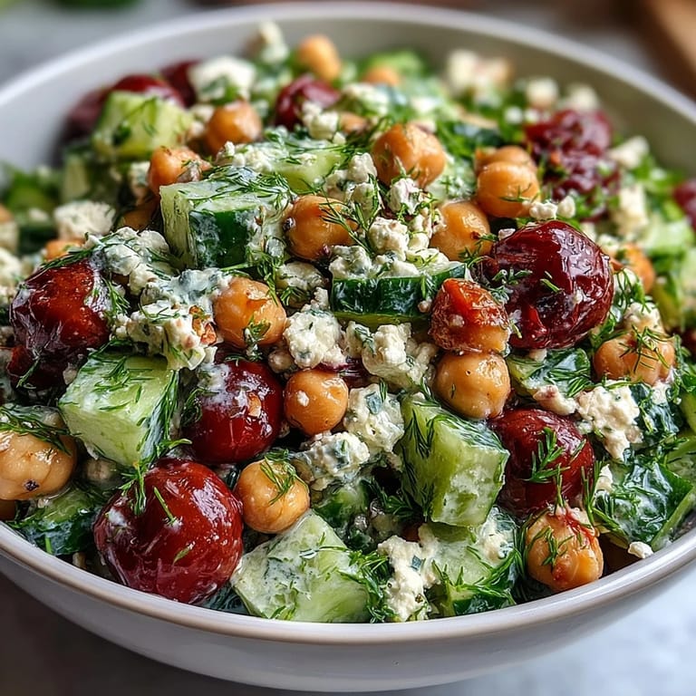 Vibrant vegetarian chickpea salad with fresh herbs, crunchy veggies, and tangy feta in a zesty lemon dressing.