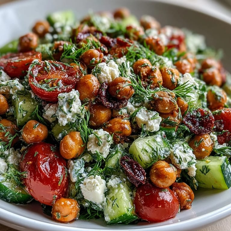 A healthy Mediterranean salad featuring crisp cucumbers, juicy tomatoes, creamy feta, and protein-packed chickpeas.  