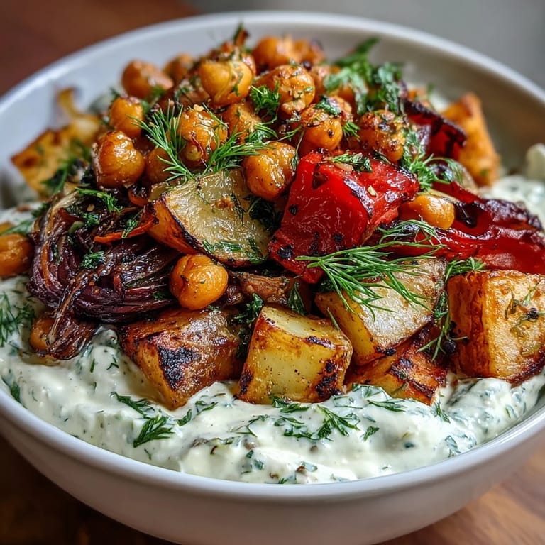 Wholesome bowl of golden roasted potatoes, bell peppers, onions, and chickpeas drizzled with protein-rich tzatziki.