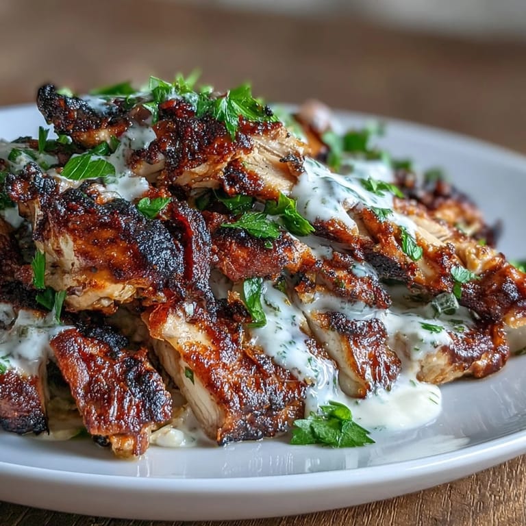 Sliced chicken shawarma with golden-brown crust, drizzled with garlic sauce and wrapped in warm pita bread.  